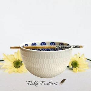 Weiß & Blau Ramen Reis Nudel Schüssel mit Essstäbchen Signatur Haushaltswaren Groß 26oz - Bild 1 von 21