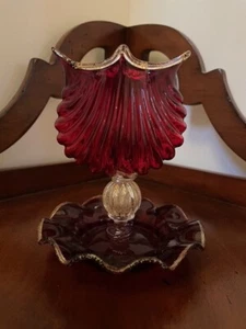 Frühe venezianische Rubinrot & Blattgold italienische Kunst Glas Zigaretten Aschenbecher Halter - Bild 1 von 12