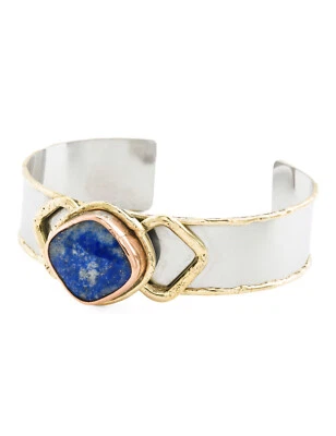 Bracelete TAYLA DESIGN lápis-lazúli 3 tons ouro/prata *pedra de salto da sabedoria - Imagem 1 de 4