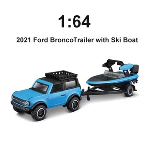 Maisto 1:64 2021 Blue Bronco Trailer Ski Boat Model Diecast Metal Car - Picture 1 of 1