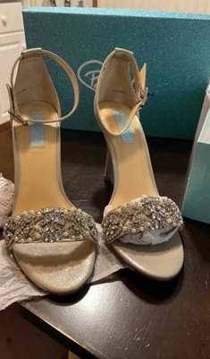 Betsey Johnson Gina Satin Embellished Silver Heels Open Toe Women’s 9 - Image 1 of 3