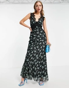 ASOS DESIGN Schwarzes geblümtes schräg geschnittenes Chiffon-Maxikleid Spitzenapplikation Gr. 6 - Bild 1 von 7