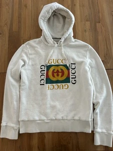 GUCCI Web Accent Distressed Logo Cotton Hoodie Sweatshirt Sz Small Made in Italy - Picture 1 of 9
