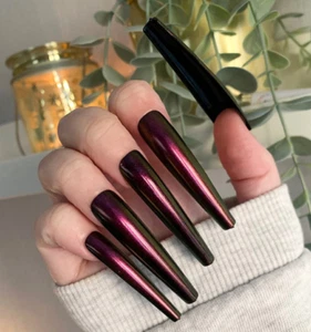 Black Chrome False Press On 3XL Ballerina Nails Set - Picture 1 of 2