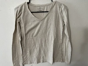 Talbots T Shirt Women's XS Beige Striped Glitter V Neck Long Sleeve - Picture 1 of 5