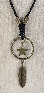 Bohemian Bronze-Tone Feather Circle Star Pendant Cord Necklace 38 in - Picture 1 of 6