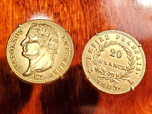 1809 French Emperor Napoleon Bonaparte France 20 Francs Gold Tone Coin Cufflinks - Picture 1 of 7