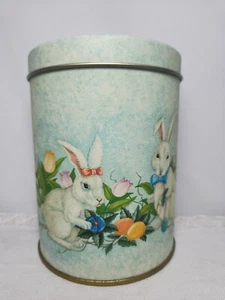 Vtg Easter Tin Bunny Rabbits In Bows Spring Flowers Easter Eggs 5" H x 4" D - Picture 1 of 12