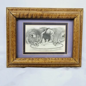 Vtg Cat's Charcoal Drawing Litho Cat Print Framed Matted Signed Virginia Miller - Picture 1 of 16