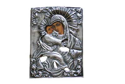 Icône russe figurant la Vierge Miraculeuse de Vladimir. XIXe.Riza en argent. - Photo 1/4
