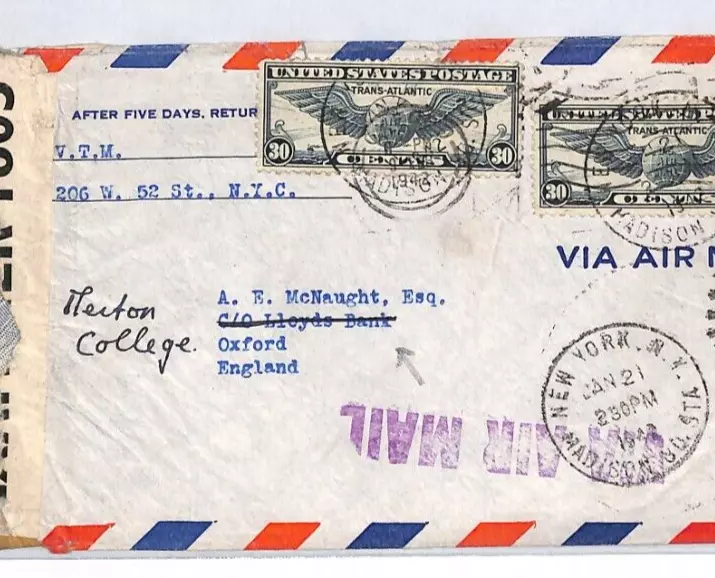 USA WW2 Air NYC Cover BRITISH INTELLIGENCE Oxford Merton College {McNaught}YL245 - Image 1 of 4