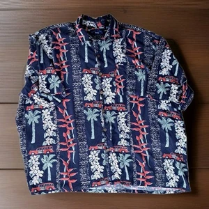 Biscayne Bay XXL Vintage Hawaiihemd Woody Station Wagon Palm Tree Blue Rayon - Bild 1 von 2