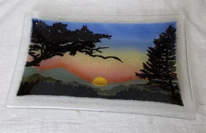 Peggy Karr Fused Art Glass Sunset Mountain Scene Dish/Tray 9.5" x 5.5" Signed - Picture 1 of 5