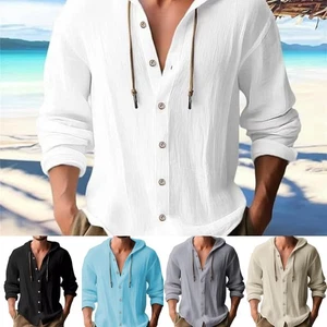 Camisa de verano de algodón y lino para hombre manga larga con capucha informal suelta con botones Top Reino Unido - Imagen 1 de 19