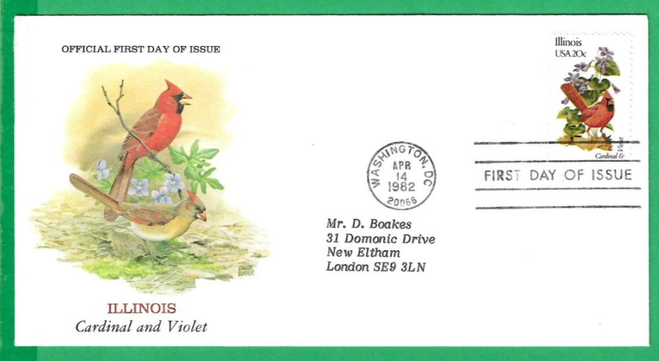 USA ~ STATE BIRDS & FLOWERS ~ ILLINOIS CARDINAL & VIOLET ~ 14th APR 1982 - Image 1 of 1