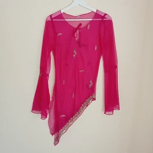 Made in India Sheer Rayon Boho Top S Flare Sleeve Asymmetric Fairy 70s 90s Y2K - Picture 1 of 9