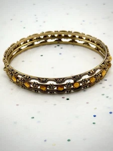 Vintage Gold Tone Bagel Amber Glass Stone With  Decorative Filigree Bracelet - Picture 1 of 6