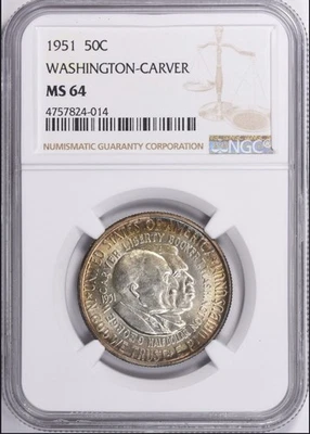 1951 NGC MS64 Washington Carver Commemorative PQ LUSTEROUS COIN W/ Toning #0704 - Image 1 of 3