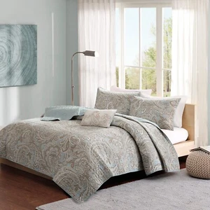 Madison Park Pure Ronan 4 Piece Cotton Quilt Set with Throw Pillow Queen CalKing - Picture 1 of 5