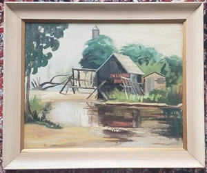 OLD 20th CENTURY CANADA OIL REEVES CANVAS BOARD PAINTING FARM RIVER LANDSCAPE - Picture 1 of 5