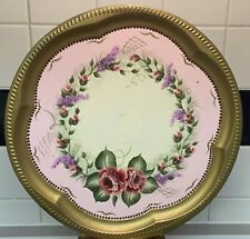 VINTAGE Toleware Tray HAND PAINTED FLOWERS Signed And Dated Pink Shabby Decor