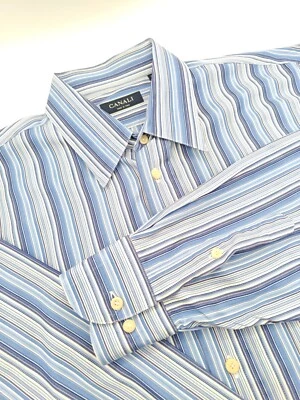 🇮🇹 Camisa Canali Para Hombres 17.5x36 Rayas Azules Oculta Abotonada Hecha en Italia  Foto 1 de 4