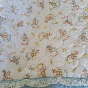 Vtg Handmade Baby Crib Quilt With Teddy Bear Sheriff Blue Trim With Lace 42x33" - Picture 1 of 8