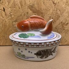 Vintage Chinese Japanese Hand Painted Ceramic Sardine Carp Fish Dish Lidded Box 