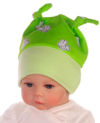 Erstlingsmütze Mütze Babymütze Haube Mützchen Knotenmütze Zipfelmütze grün Hase - Bild 1 von 2