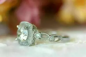 2Ct Round Real Moissanite Art Deco Style Engagement Ring 14k White Gold Plated - Picture 1 of 5