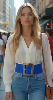 Mujeres Azul Ancho Imitación Cuero Vaqueras Moda Cinturón Cuadrado Dorado Metal Hebilla S M Foto 1 de 4