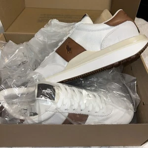 Polo Ralph Lauren Train 89 Suede-Paneled Sneakers Color- WHITE/ BROWN LEATHER 🔥 - Picture 1 of 6