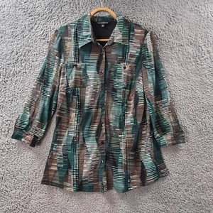 LIZ JORDAN Womens Blouse Topo Size 12 Green Black Brown Stretch Mesh 3/4 Sleeve - Picture 1 of 13