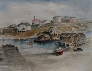 XmAs SaLe! FISHING VILLAGE BOAT NAUTICAL WHARF BEACH WATERCOLOR PAINTING Signed - Picture 1 of 3