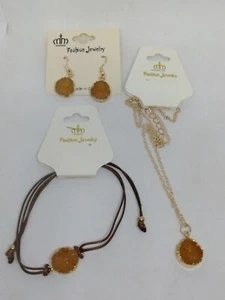 New 3Pc Set Druzy Quartz Geode Yellow Gold & Gold Necklace Earrings Bracelet - Picture 1 of 7