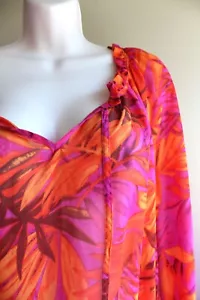 DEX Aloha Shirt Womens 3X Plus Orange Pink Mesh Blouson Floral Puff Sleeve - Picture 1 of 8