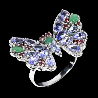 925 Sterlingsilber Ring Tansanit Smaragd Rhodolith Edelstein Schmuck Größe 9 - Bild 1 von 4