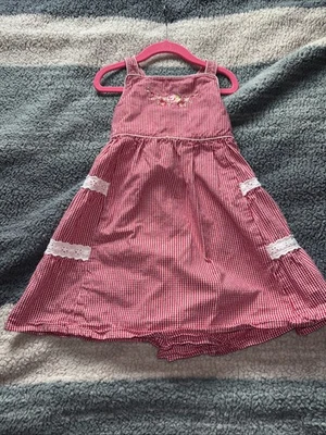 Disney Kids Red White Gingham Floral Lace overall Dress Girls Size 6/6x Vintage - Image 1 of 4