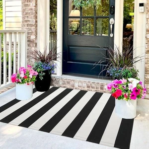 Striped Rug Outdoor Porch Rug Washable Layered Outdoor 3x5 Black and White - Picture 1 of 6