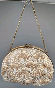 Vintage Beaded Coctail Evening Bag Purse White Gold Metal Frame Kiss Lock Chain - Picture 1 of 9