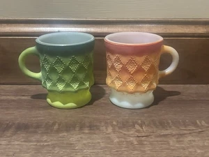 Vintage Pair Fire King Red Orange Green Diamond Cup Set Of 2 - Picture 1 of 3