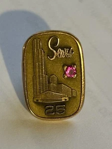 Sears 1/5 10K GF 25Yr Service Pin w/Ruby Sears Tower Tie Tack Signed Leavens - Picture 1 of 7