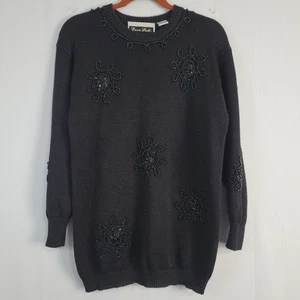 Vintage Perlen Rundhals Pullover Pulli Gr. S schwarz 80er 90er Ramie Blend, neu - Bild 1 von 8