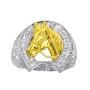 Men's Sterling Silver Horseshoe Ring w/CZ Stones & Yellow Gold Plated Horse Head - Picture 1 of 3