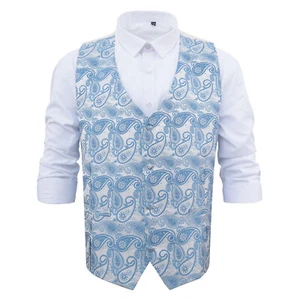 White & Blue Mens Waistcoat Paisley Bohemian Formal Wedding Tuxedo Vest by DQT - Picture 1 of 3
