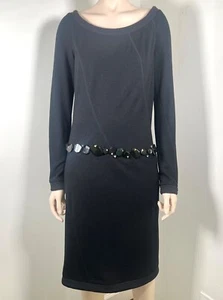 ELEGANT NINA RICCI BLACK WOOL CASHMERE BEADED LONG SLEEVE SLIM DRESS, SIZE EU 38 - Picture 1 of 6
