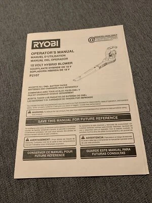 Genuine RYOBI 18 Volt Hybrid Blower - Model P2107 - Operator's Manual Only  - Image 1 of 3