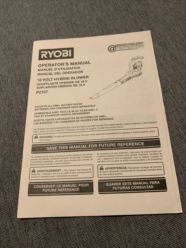 Genuine RYOBI 18 Volt Hybrid Blower - Model P2107 - Operator's Manual Only  - Image 1 of 3