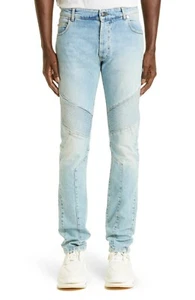 Balmain Men's Ribbed Slim Fit Biker Moto Jeans Light Blue Size 32 - Italy Made - Picture 1 of 5