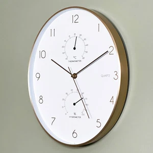 Wall Clock White Golden Rim Thermometer Hygrometer Plastic Oval Kitchen Decor - Picture 1 of 5